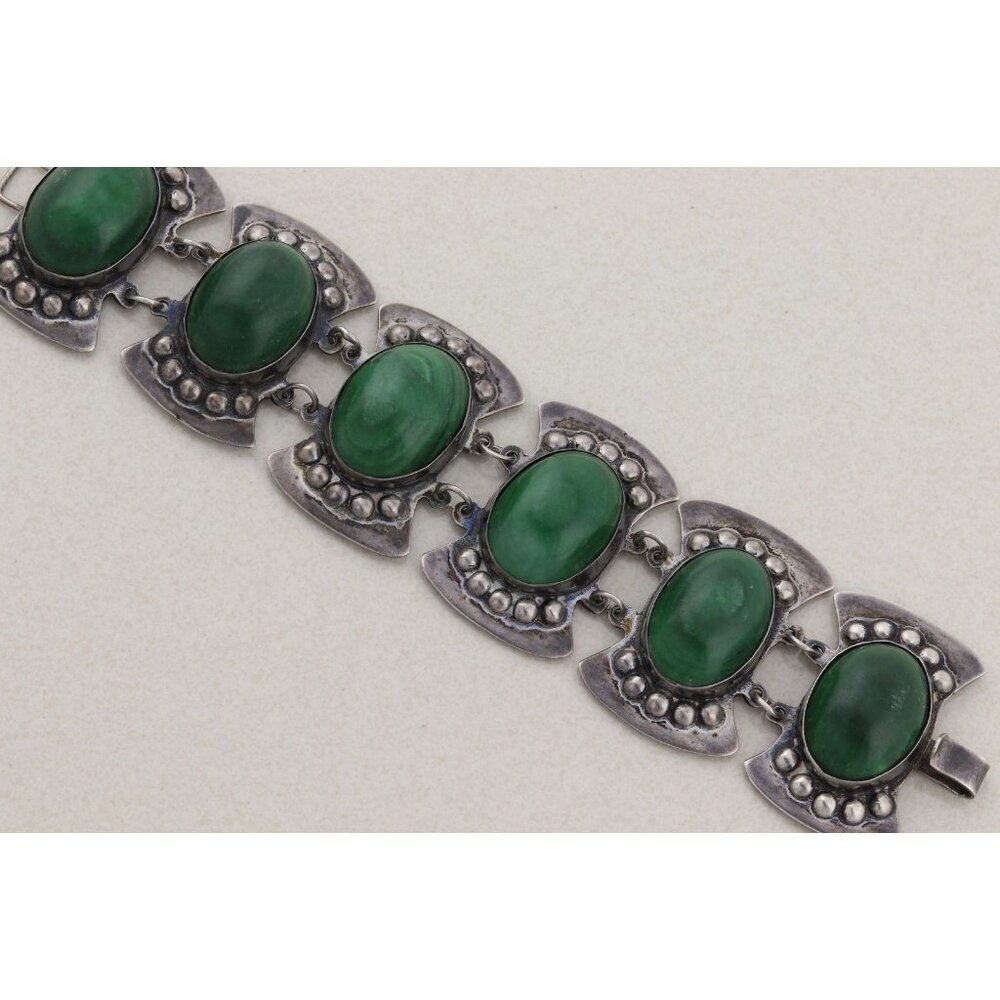 Sterling Silver Large Malachite Link Bracelet Vintage Mexico 6 3/4" inch